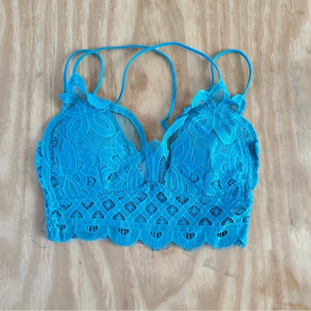 👉 Crochet Lace Bralette – Diamond Smocking Back, Removable Pads,Color Teal